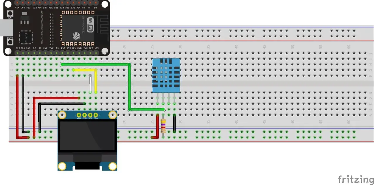 Układ do mierzenia temperatury i wilgotności z modułem ESP32 i sensorem DHT22.