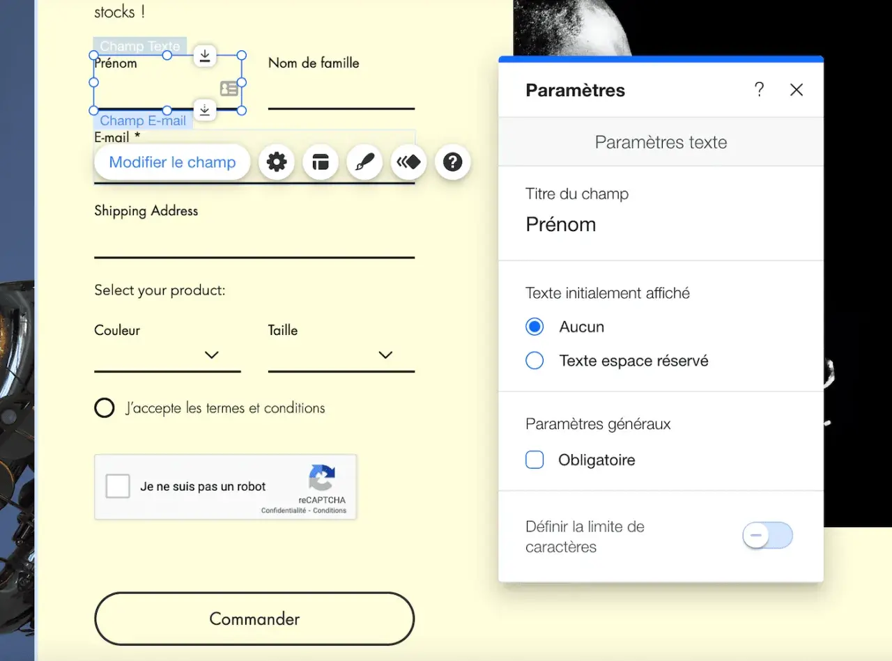 Paramètres du champ "Prénom" dans un tuto Wix. Configuration des options de texte et des paramètres généraux.