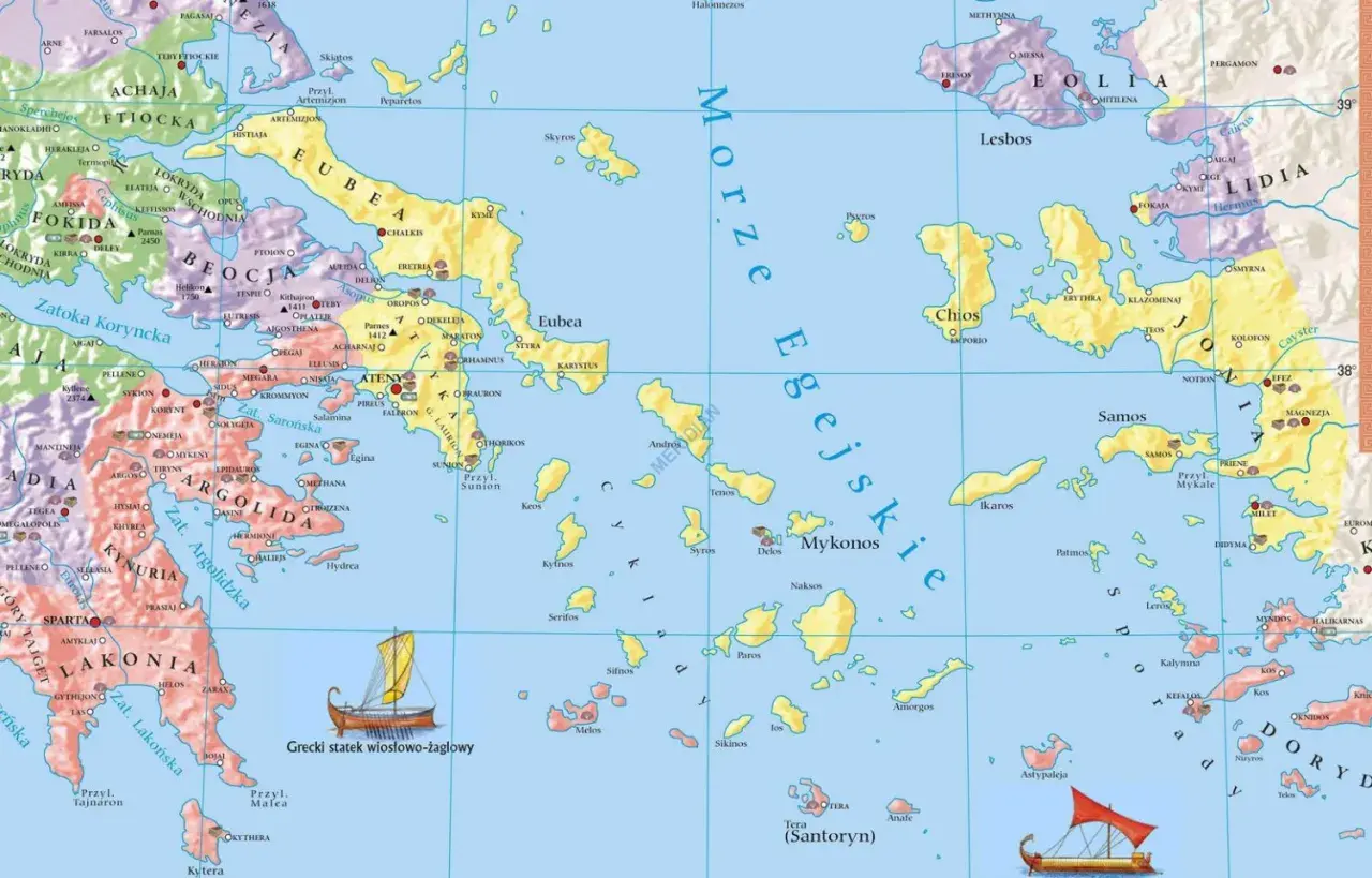 Mapa starożytnej Grecji z zaznaczonymi wyspami, lądami i morzem.