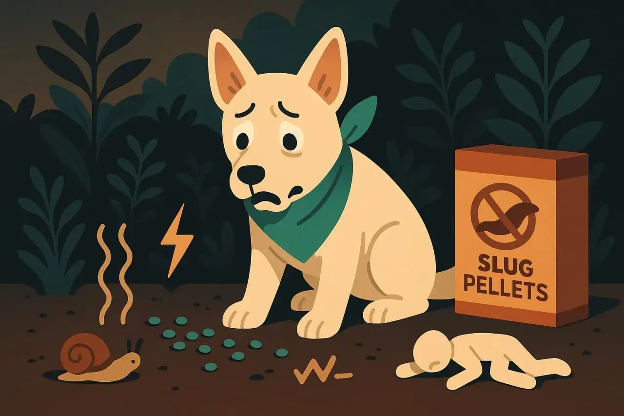 Besorgter Hund neben Schneckenkorn-Packung. Eine Schnecke und ein Blitzsymbol deuten auf Gefahr hin.