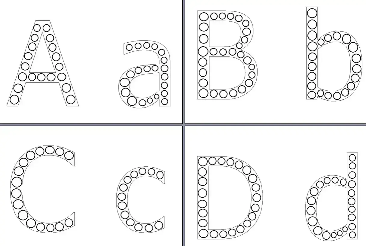 Litery A, a, B, b, C, c, D, d obrysowane kółkami.