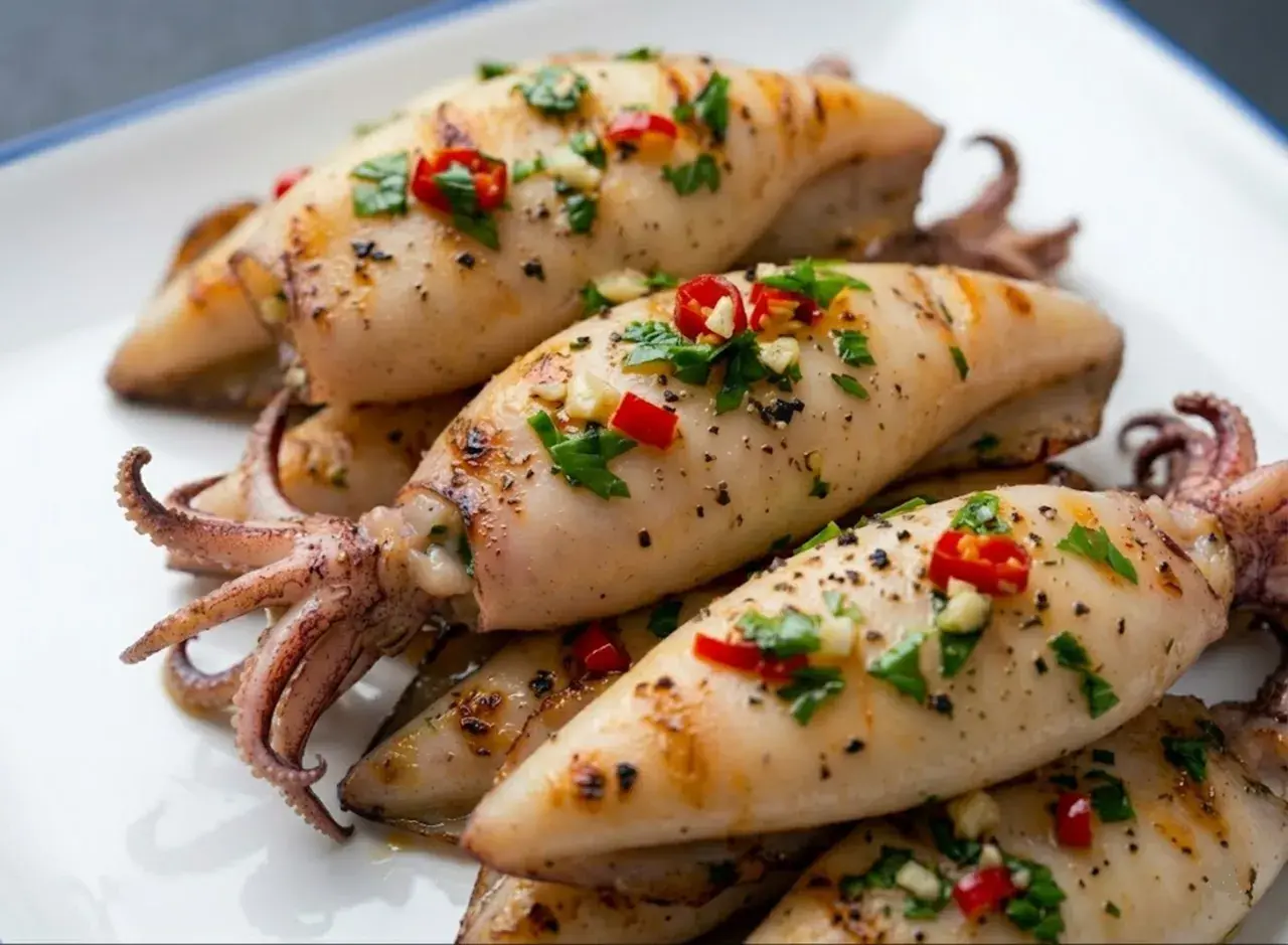 Calamari alla griglia succulenti, conditi con aglio, peperoncino e prezzemolo fresco, pronti per essere gustati.