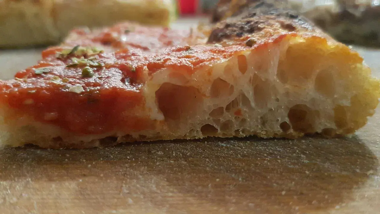 Fetta di pizza con pomodoro e erbe, la sua alveolatura mostra una perfetta pizza lievitazione 24 ore.