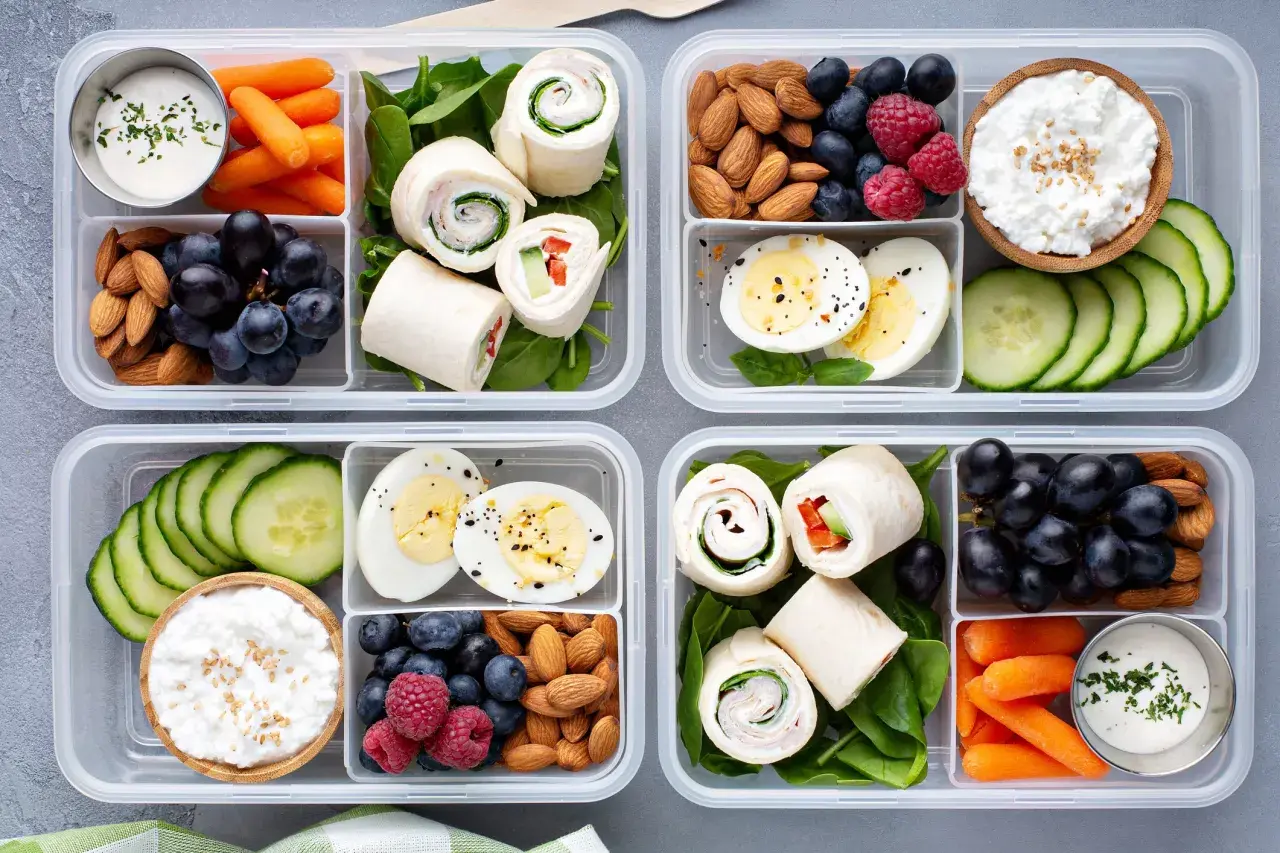 These bento boxes are healthy, packed with protein from eggs and almonds, fiber from fruits and veggies, and lean protein from wraps.