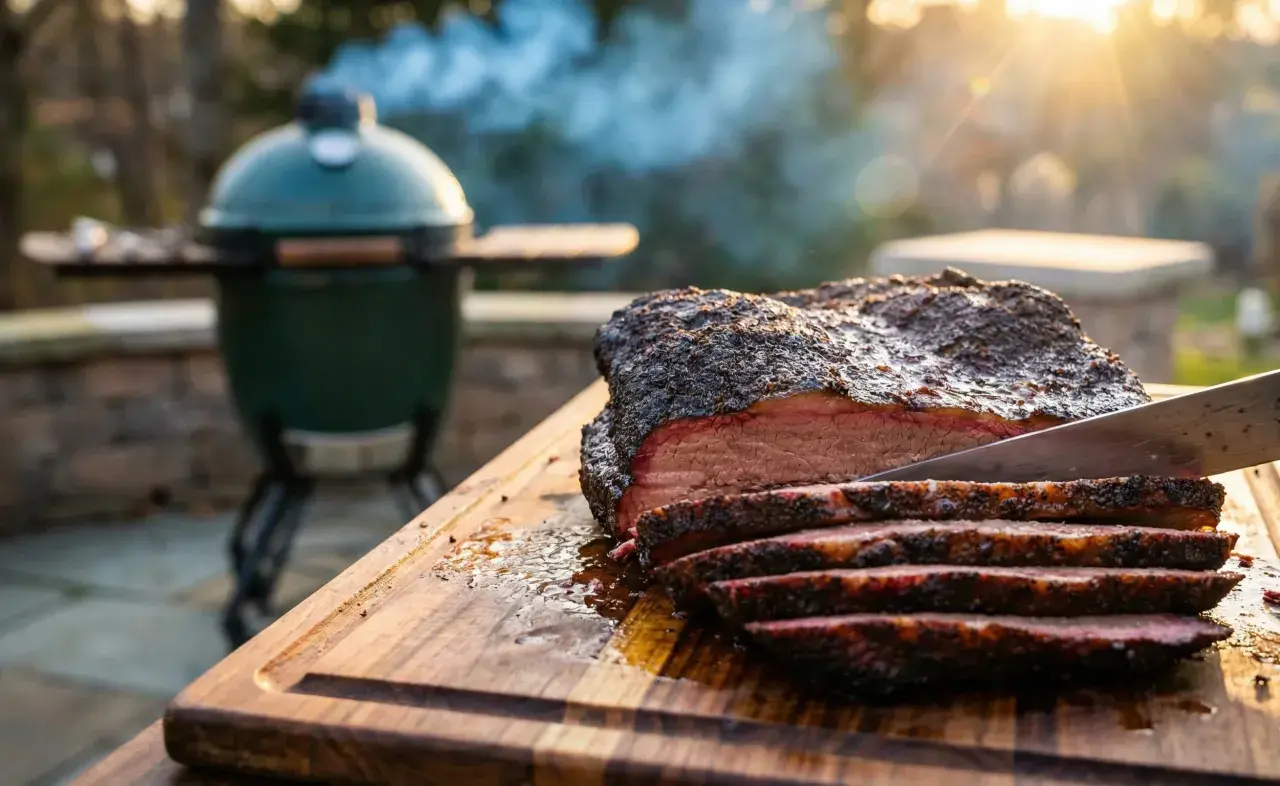 Rökig brisket skärs upp på en skärbräda. En grön kamado-grill syns i bakgrunden, perfekt för detta kamado recept.
