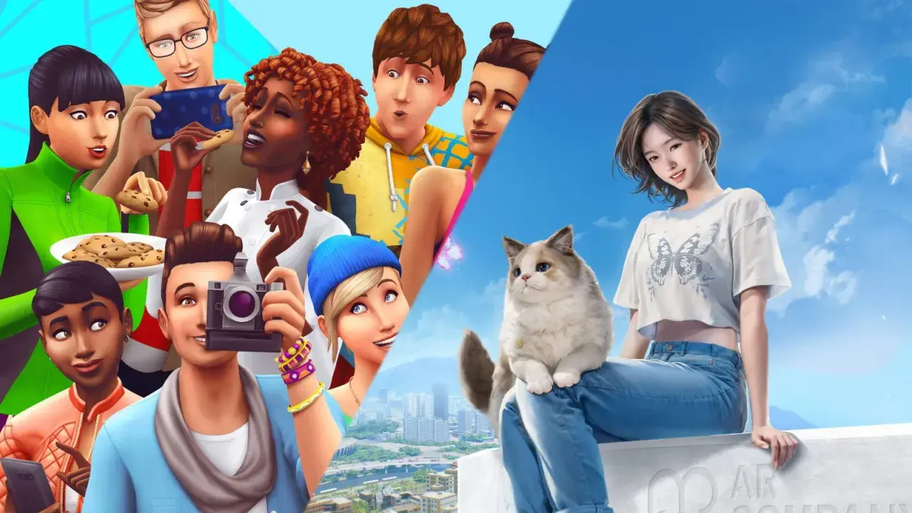 Sims felici con biscotti e fotocamere, un gatto e una ragazza sotto un cielo azzurro. Un'anteprima di The Sims Switch.