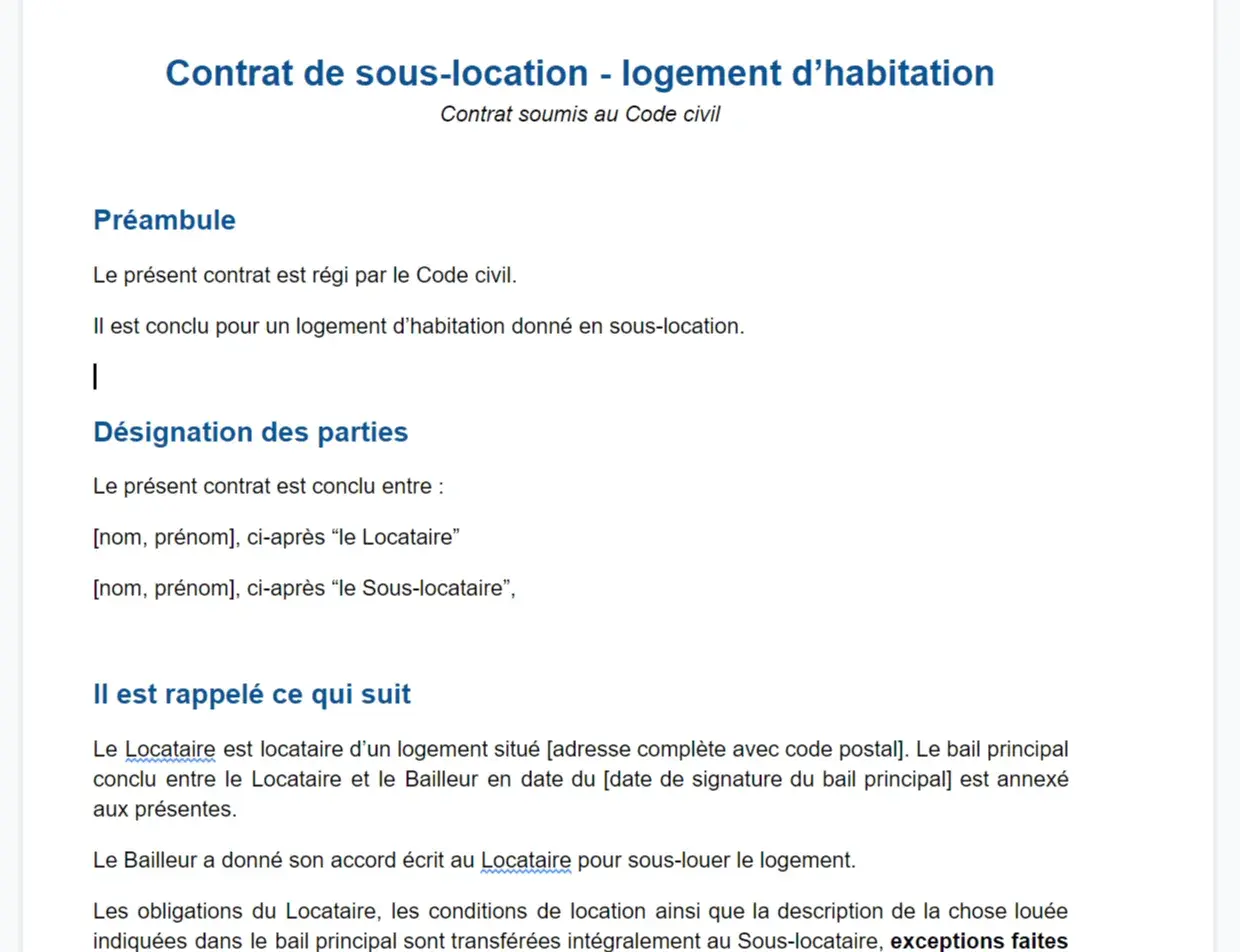 Contrat de sous-location d'un logement d'habitation. Ce document détaille les parties et les conditions de la sous-location, similaire à un contrat Airbnb.