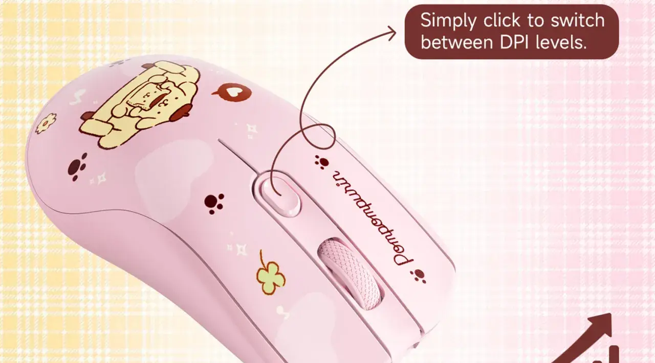 Souris rose Pompompurin avec un bouton pour le réglage de la souris.