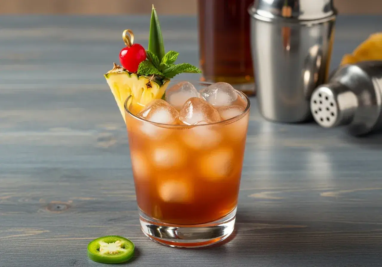 En läskande Mai Tai med ananas, körsbär och mynta. En jalapeño ligger bredvid glaset.