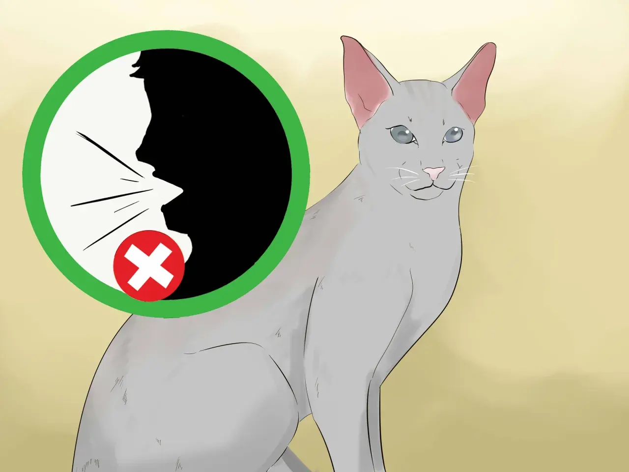 Graue Katze mit blauen Augen, neben einem Kreis mit einem durchgestrichenen Mund.