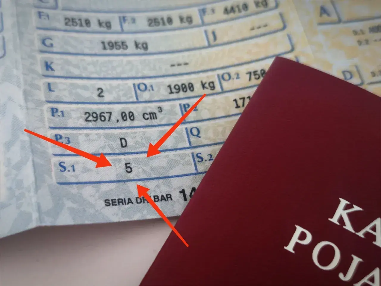 Dowód rejestracyjny z zaznaczonym polem S.1, wskazującym liczbę miejsc siedzących: 5.