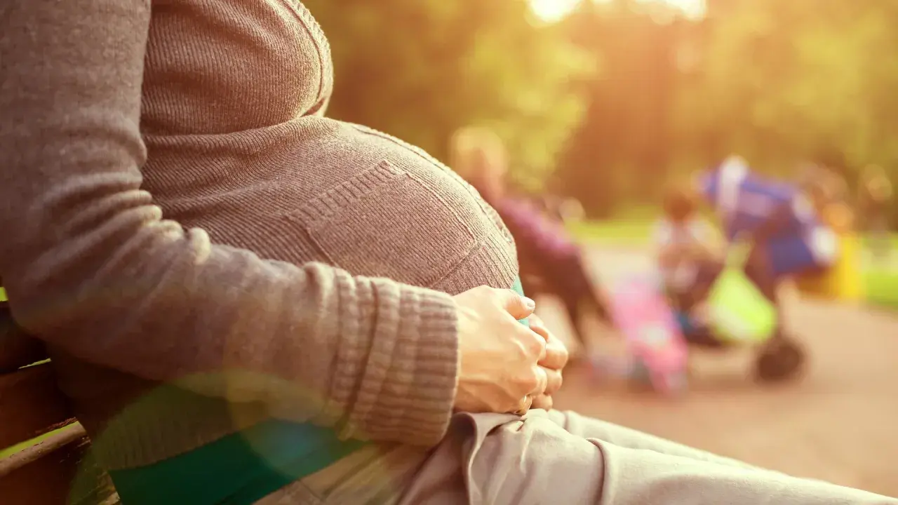 Gravid kvinna sitter på en parkbänk, njuter av solen. Hon håller sin mage, som om hon väntar på sitt barn. I bakgrunden syns andra människor och barnvagnar. Det är en varm och solig dag, med gula flytningar i luften.