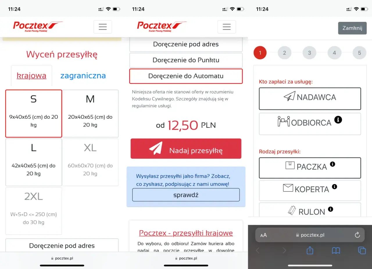 Na stronie Pocztex.pl sprawdzam, czy pocztex dostarcza w soboty. Wybieram opcję "Doręczenie do Automatu" dla przesyłki krajowej.