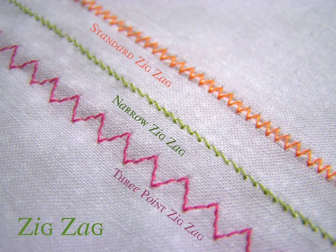 Three types of zig zag stitch shown on white fabric: standard, narrow, and three-point.