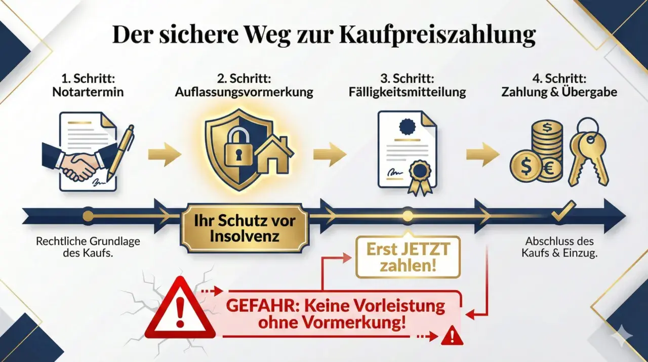 Der sichere Weg zur Kaufpreiszahlung: Notartermin, Auflassungsvormerkung, Fälligkeitsmitteilung, Zahlung & Übergabe. Ihr Schutz vor Insolvenz bei Immobilienkaufvertragsentwurf.