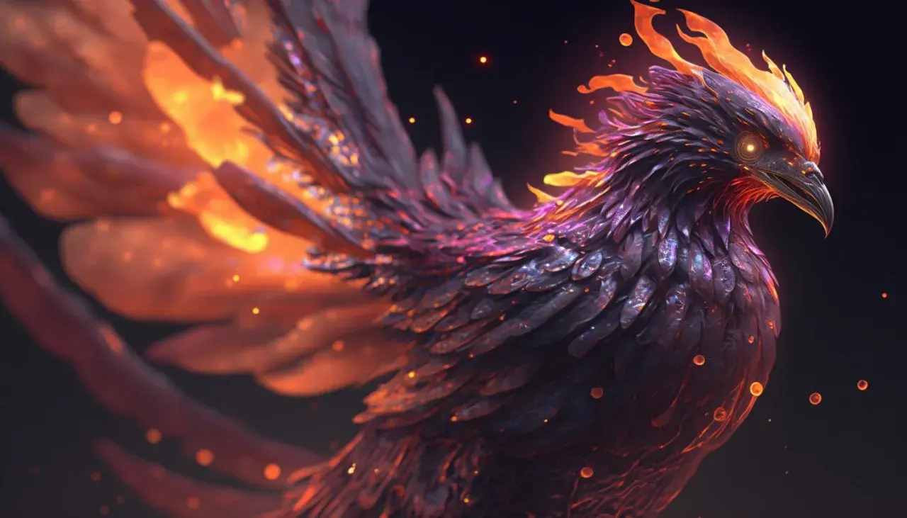 Le phénix, oiseau de feu aux plumes sombres et incandescentes, s'élève dans la nuit, entouré de braises lumineuses.