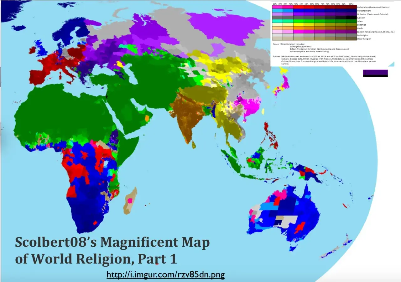 Mapa świata pokazuje, ile jest religii na świecie, z podziałem na kolory dla różnych wyznań i regionów.