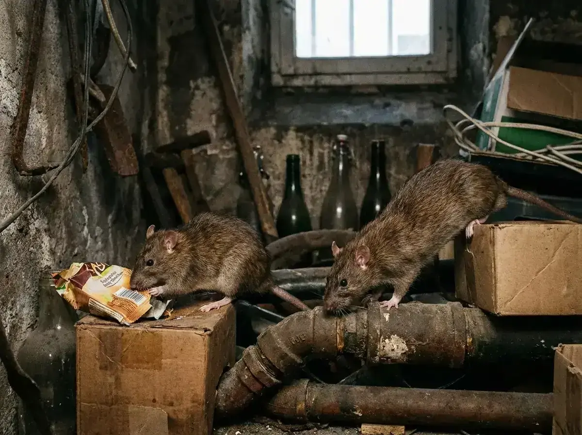 Deux rats fouillent dans des détritus dans une cave sombre. Un problème de rats que dit la loi ?