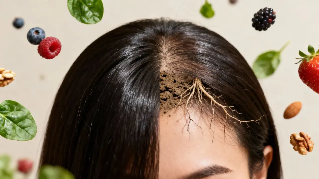 Haarwurzeln in Erde, umgeben von Beeren und Nüssen. Schwarzer Tee kann bei Haarausfall helfen.