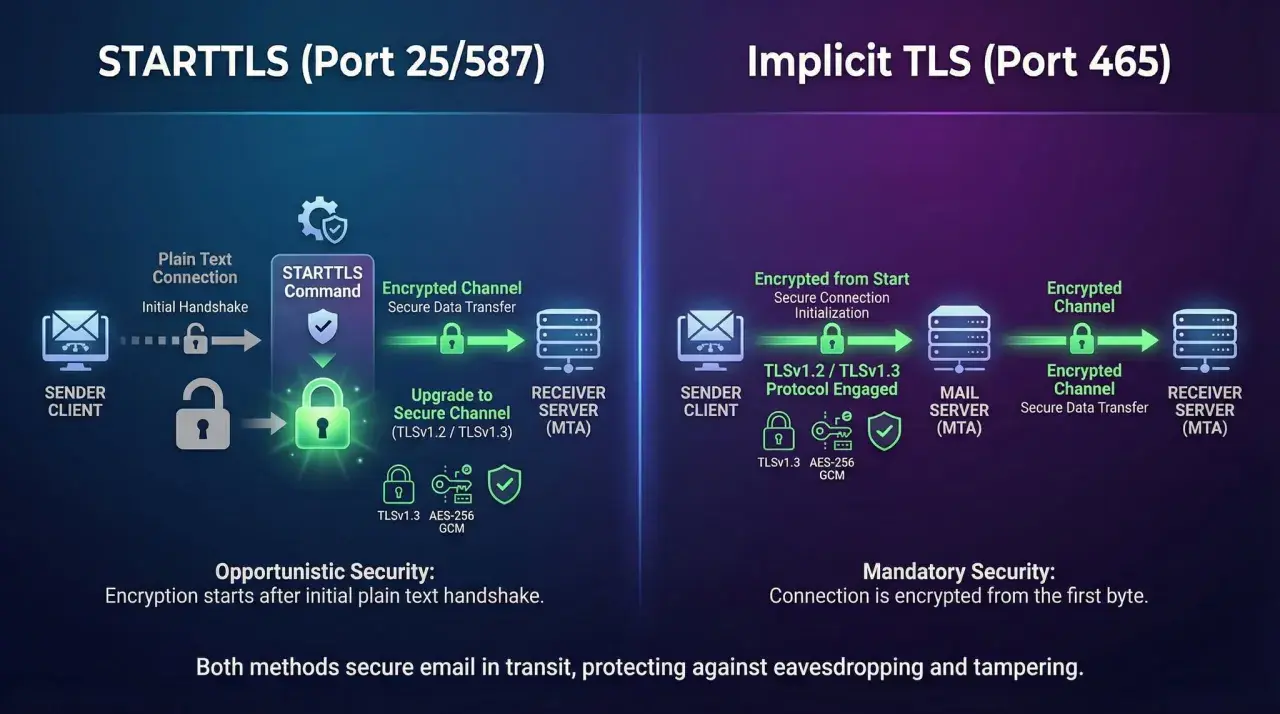 STARTTLS (Port 25/587) vs Implicit TLS (Port 465) – porównanie bezpieczeństwa poczty e-mail.