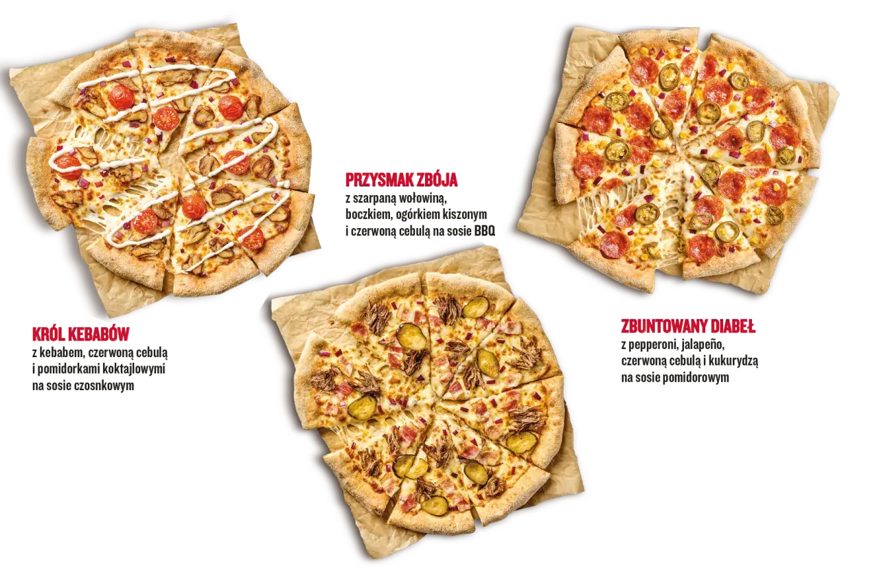 Trzy pyszne pizze, idealne na festiwal pizzy: Król Kebabów, Przysmak Zbója i Zbuntowany Diabeł.