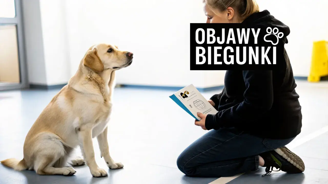 Labrador siedzi, patrząc na kobietę klęczącą z broszurą o objawach biegunki u psa.