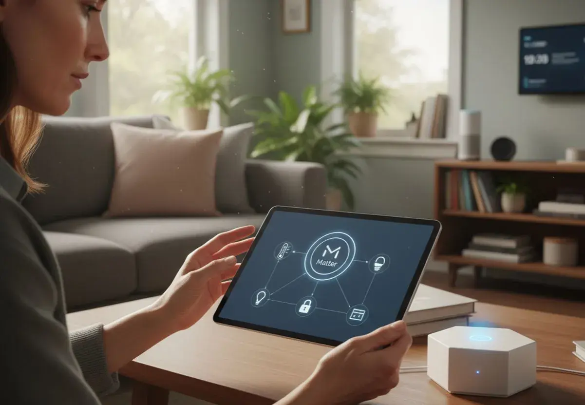 Une femme utilise une tablette pour contrôler sa maison connectée. L'écran affiche le logo "Matter", symbole de la domotique open source, avec des icônes de thermostat, ampoule, serrure et carte.