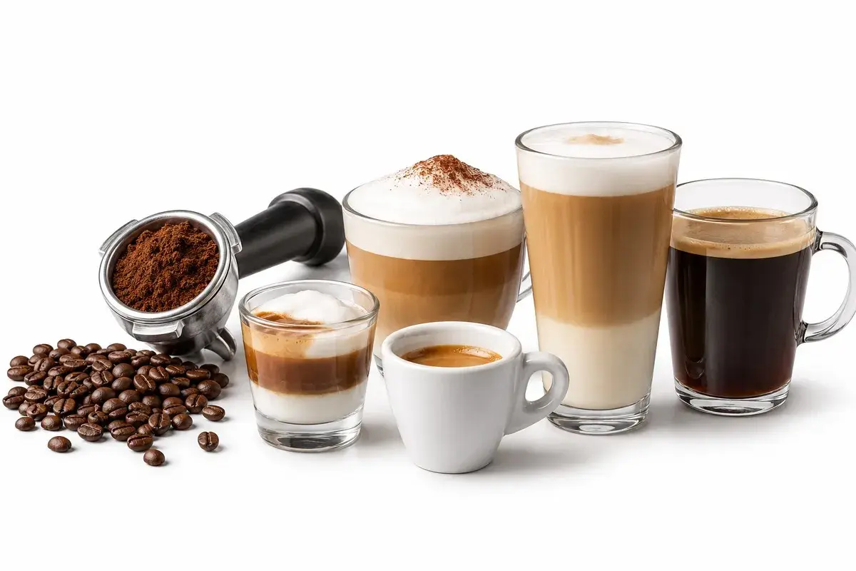 Różne rodzaje kawy, od espresso po mrożone latte, z ziarnami i portafiltrem.