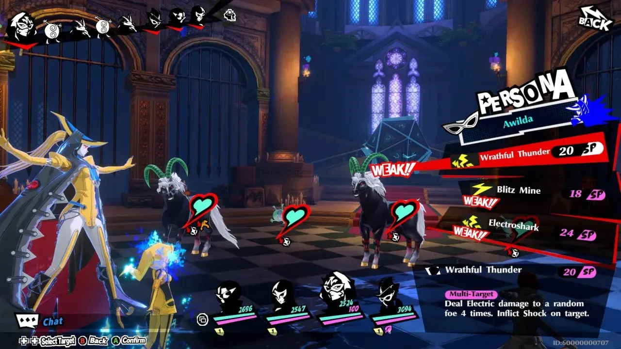 W walce w Persona 5 x, Awilda atakuje słabe kozy. Wybierz umiejętność "Wrathful Thunder" dla 20 SP.