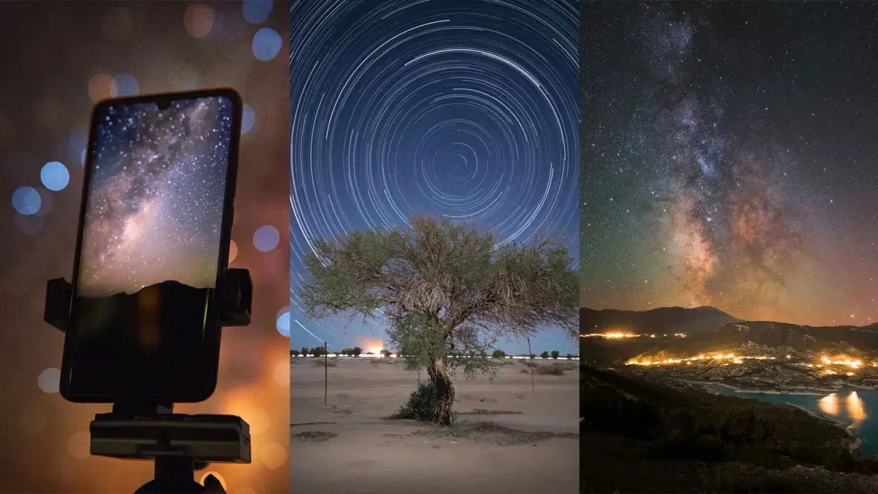 Niesamowita astrofotografia smartfonem: Droga Mleczna na ekranie, ślady gwiazd nad drzewem i rozgwieżdżone niebo nad jeziorem.