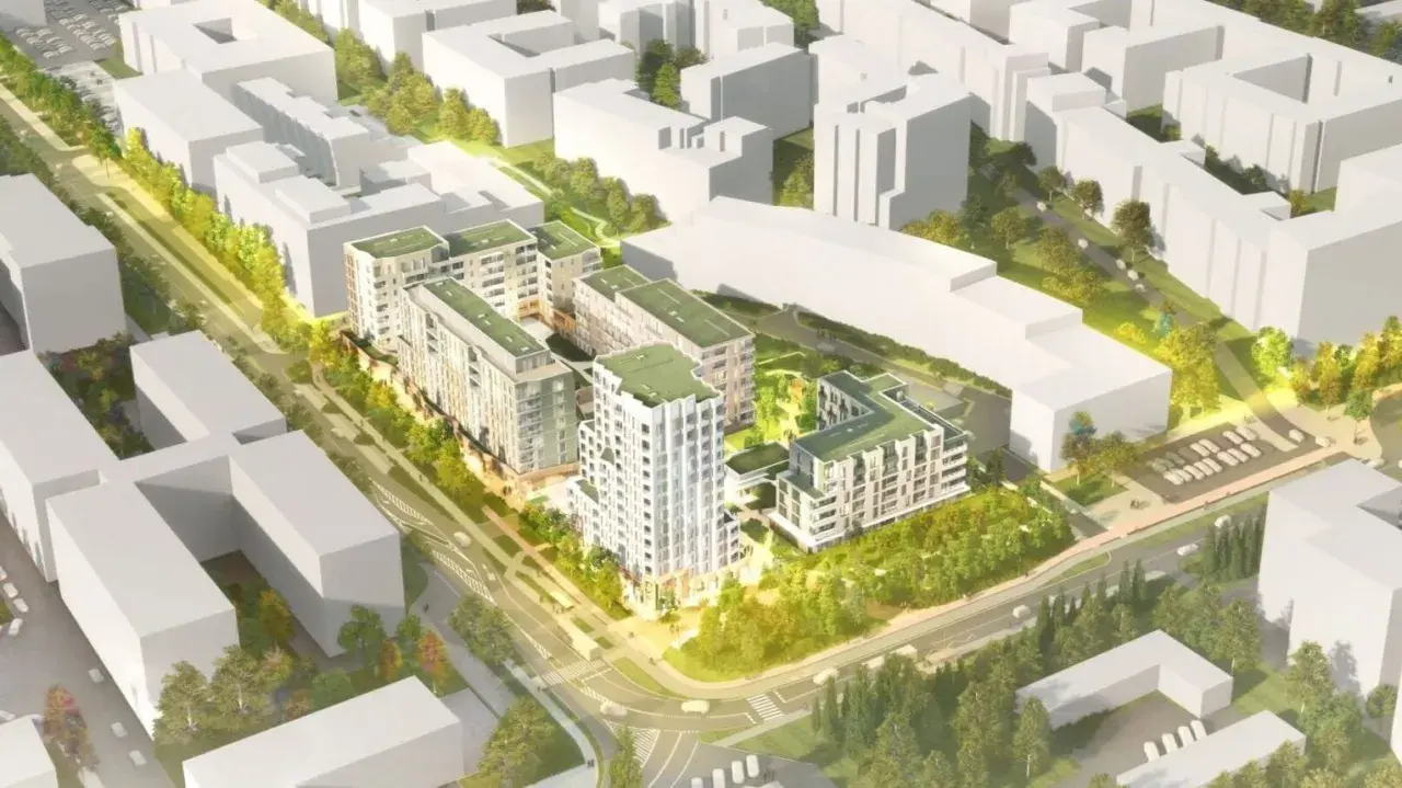 Wizualizacja osiedla mieszkaniowego. Nowoczesne budynki z zielonymi dachami, otoczone drzewami i terenami zielonymi. Projekt dewelopera Lex.