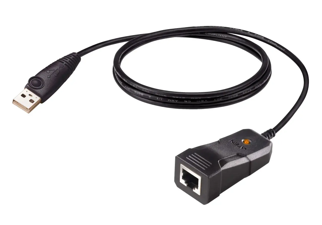 Kabel USB z adapterem sieciowym. Z jednej strony wtyczka USB, z drugiej gniazdo port ethernet.
