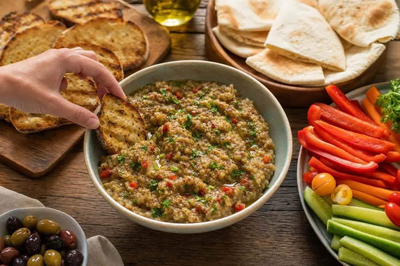 Une main trempe un pain grillé dans un bol de caviar d'aubergine, entouré de crudités, de pain pita et d'olives.