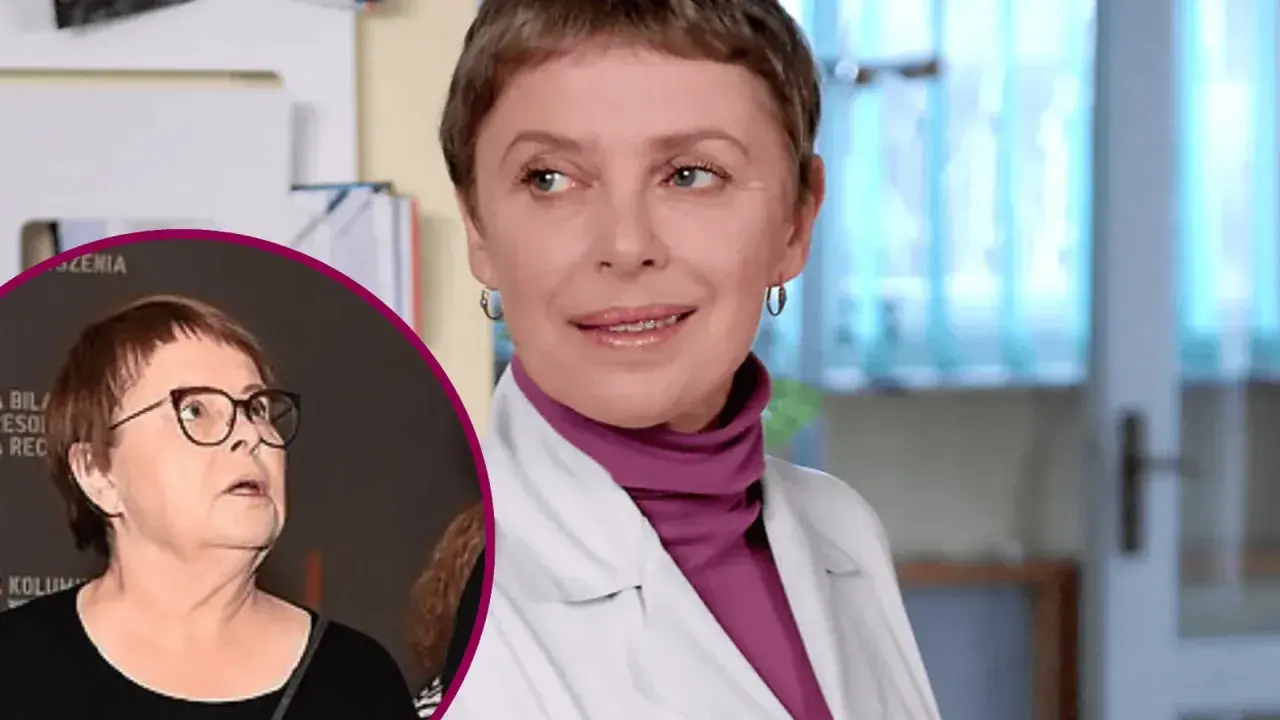 Gwiazda reality show w białym kitlu i fioletowym golfie. W tle widać fragment innej kobiety w okularach, co może być powodem nagłej hospitalizacji gwiazdy popularnego reality show.