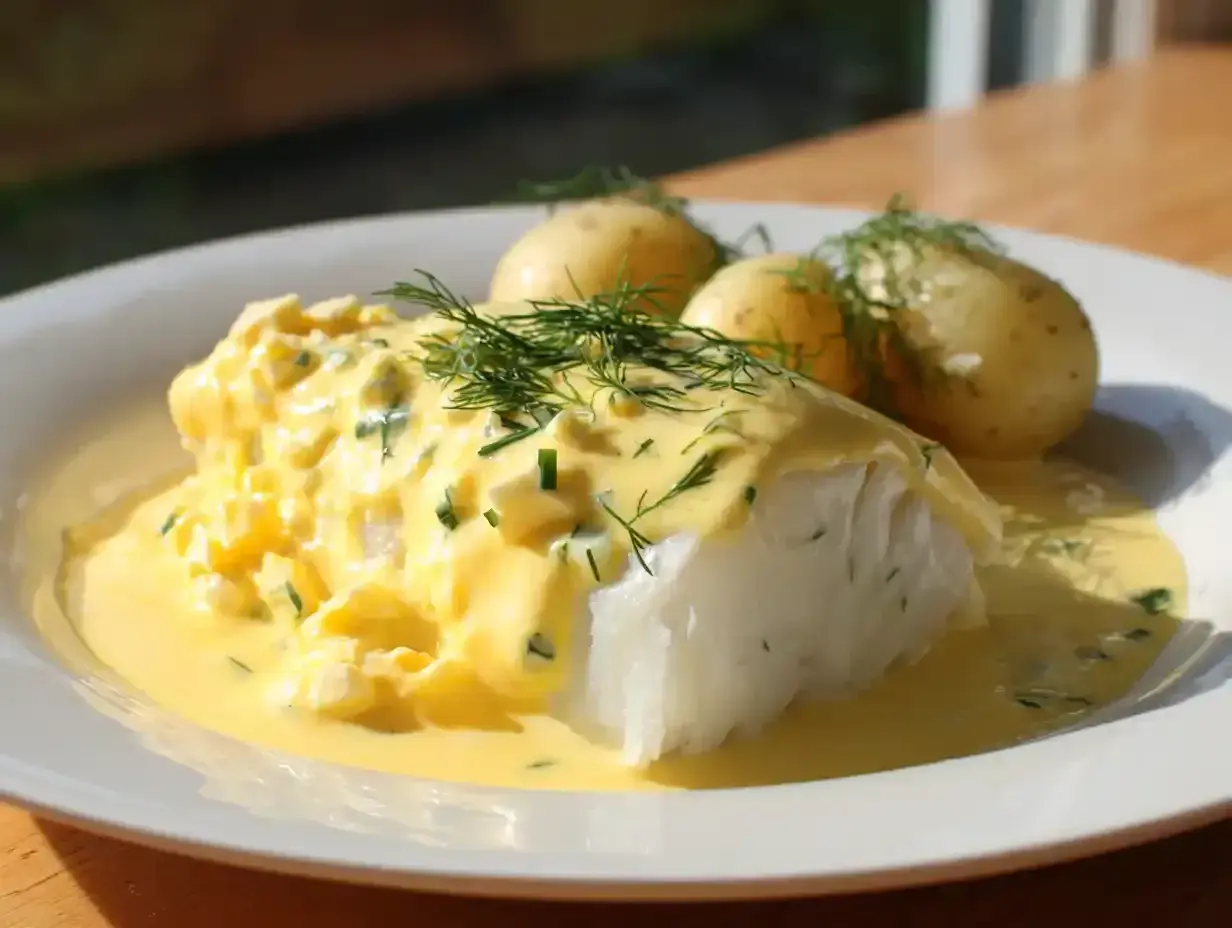 En saftig bit torsk med krämig citronsås och dill, serverad med små, kokta potatisar. En klassisk svensk rätt.