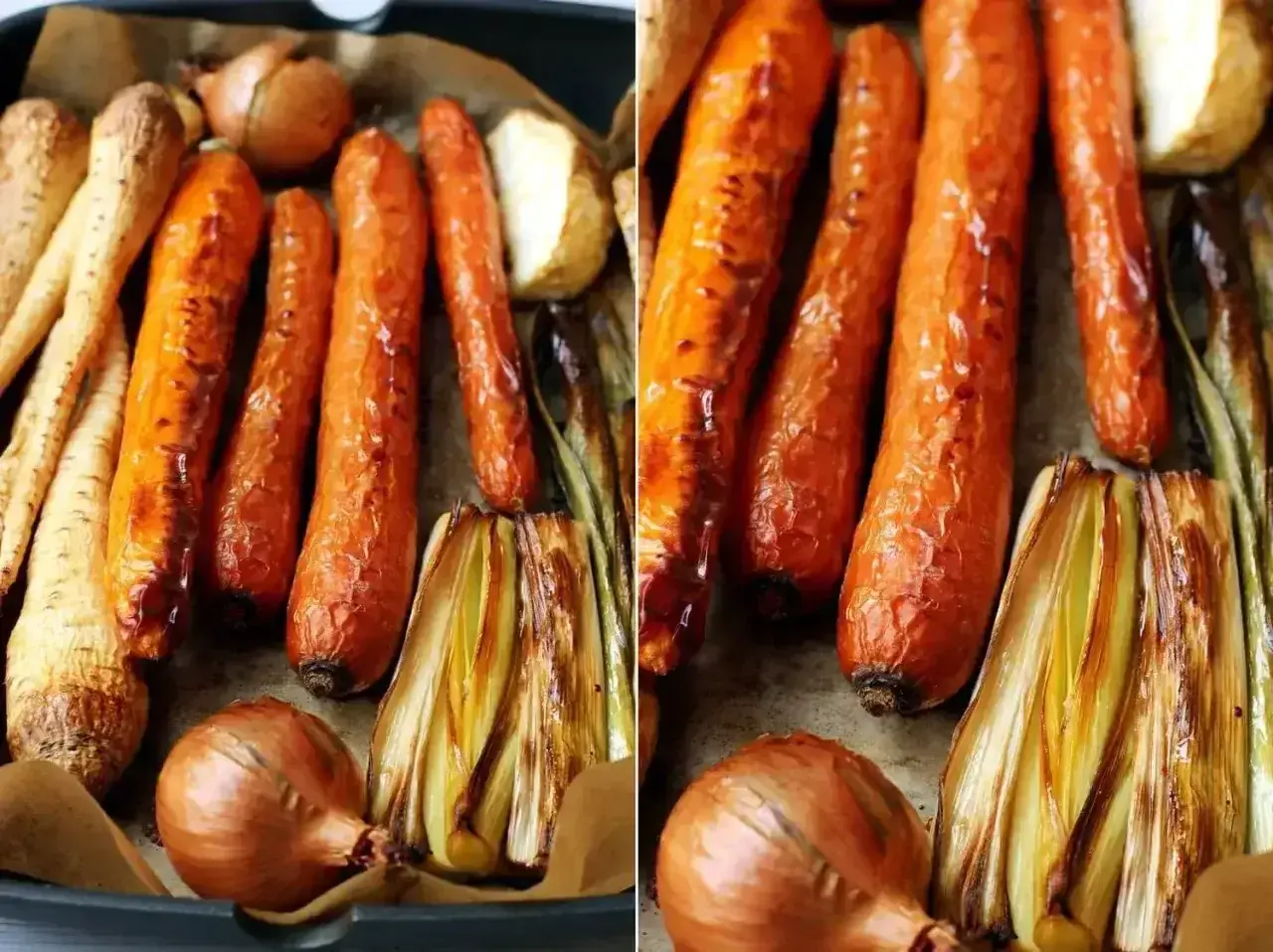 Pieczenie warzyw na rosół: marchewki, pietruszka, cebula i por nabierają apetycznego koloru.