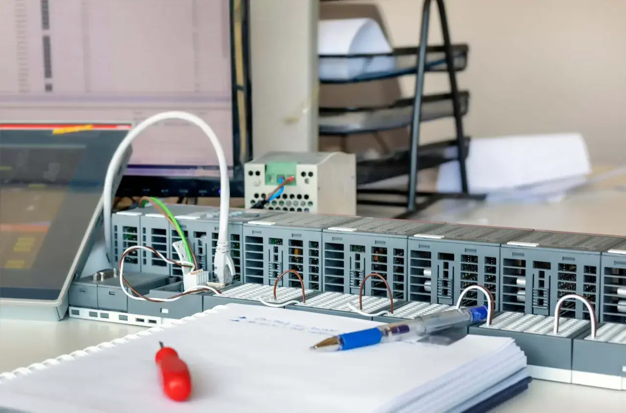Moduły sterownika PLC, przewody i notatnik z długopisem. To serce systemu automatyki, gotowe do programowania.