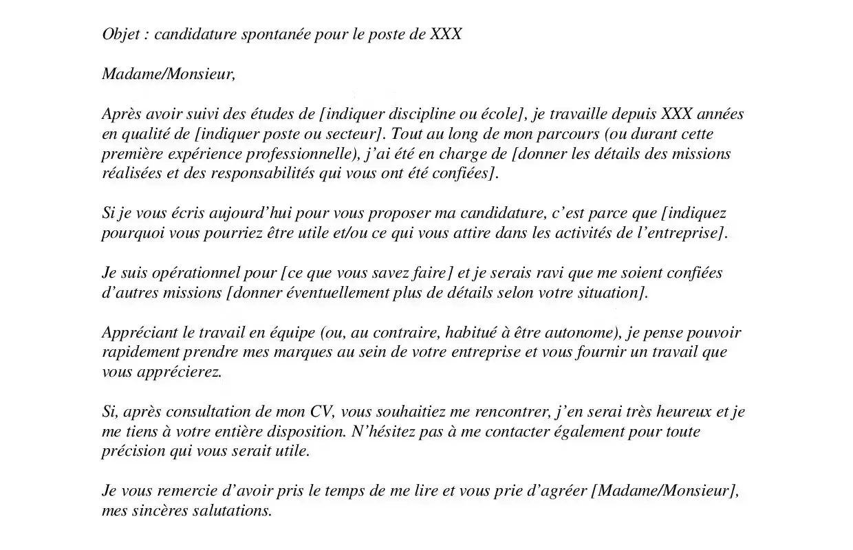 Exemple de structure lettre de motivation : un modèle de lettre de candidature spontanée avec des champs à personnaliser pour une offre d'emploi.