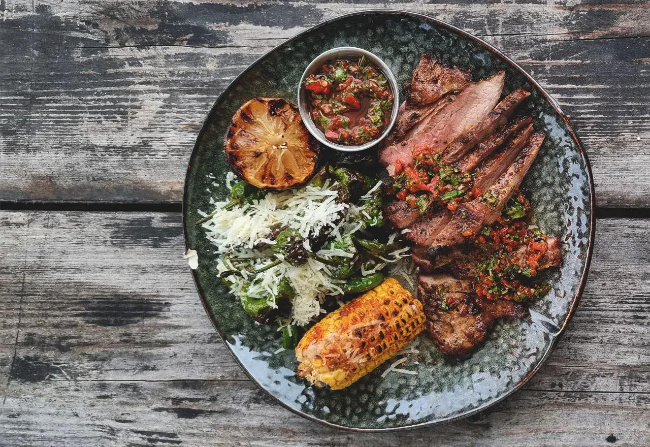 Skivad iberico-stek med perfekt temperatur, serverad med grillad majskolv, citron och en fräsch salsa.