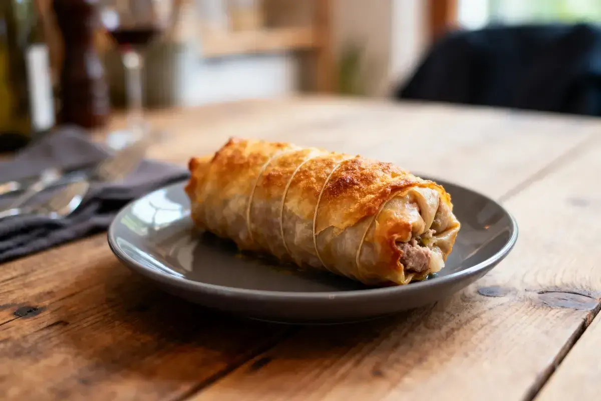 Une délicieuse crêpinette de porc dorée, enveloppée dans une pâte feuilletée croustillante, prête à être dégustée sur une assiette grise.