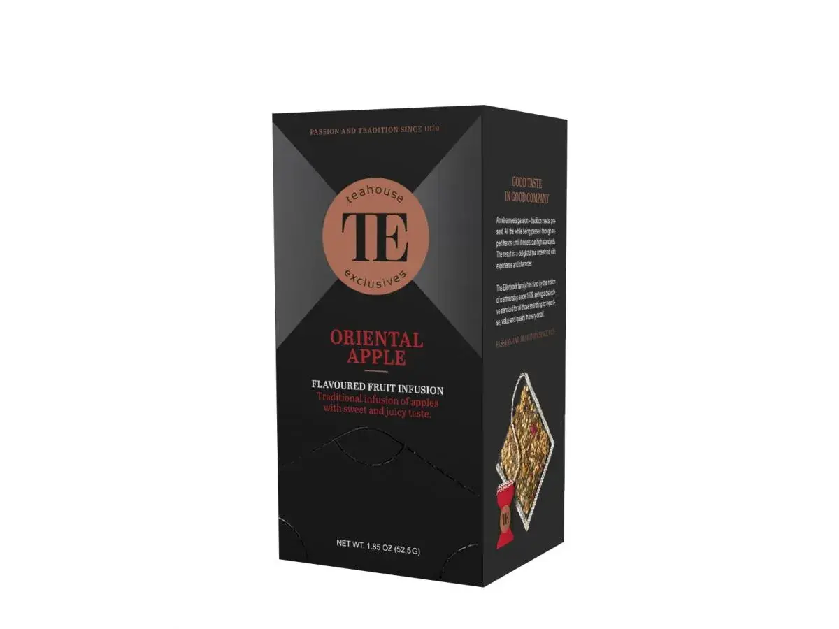 Pudełko herbaty **oriental apple** z napisem "Teahouse Exclusives". Tradycyjny napar owocowy o słodkim smaku.