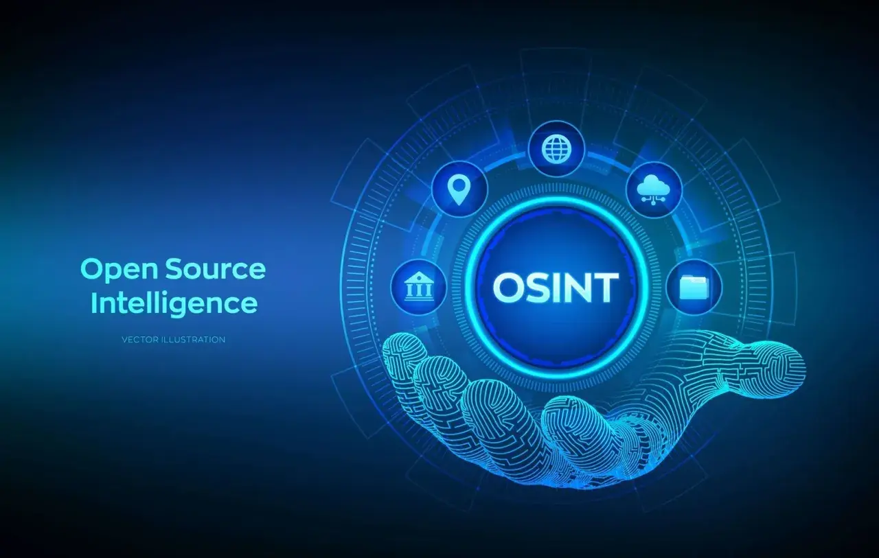 Otwarta inteligencja źródłowa (OSINT) chroni przed oszustami internetowymi. Dłoń z odciskiem palca symbolizuje dane.