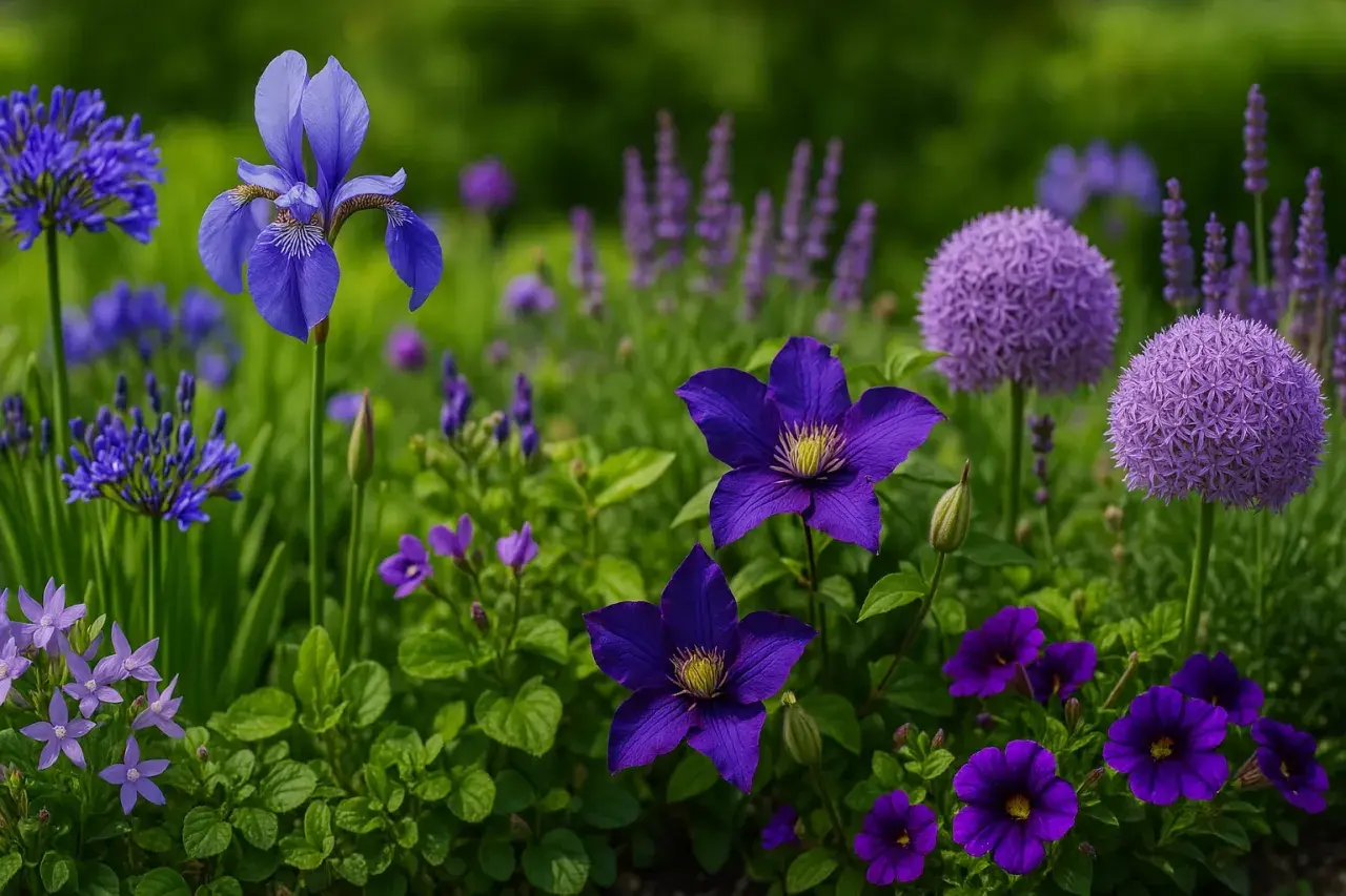 Un parterre de fleurs violettes éclatantes, avec des iris, des clématites et des alliums, baigné de lumière.
