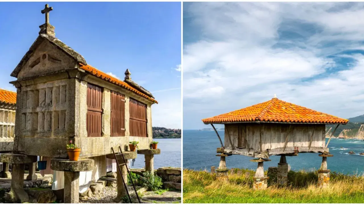 Dos hórreos, uno de piedra con cruz y otro de madera, se alzan sobre pilares en la costa de Asturias.