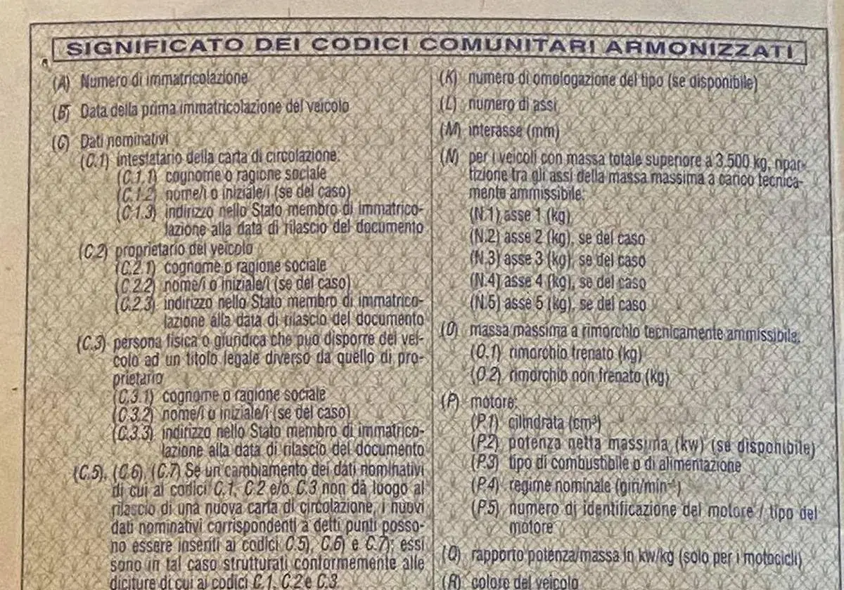 Il **libretto di circolazione legenda** spiega i codici armonizzati: numero immatricolazione, dati veicolo, proprietario, rimorchio, motore e colore.