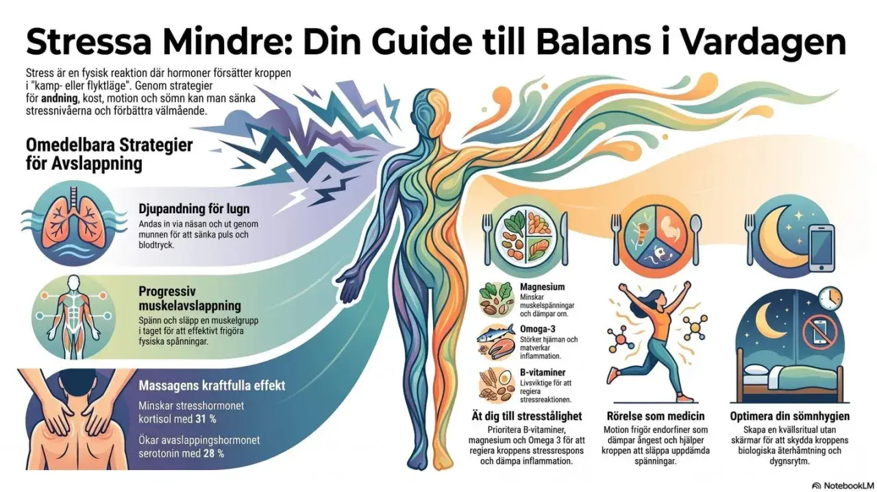 Grafik visar strategier för att reglera nervsystemet, inklusive djupandning, muskelavslappning, kost, motion och sömn.
