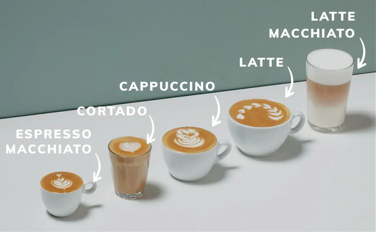 Kaffee-Variationen: Espresso Macchiato, Cortado, Cappuccino, Latte und Latte Macchiato. Der Unterschied zwischen Cappuccino und Latte wird hier visuell erklärt.