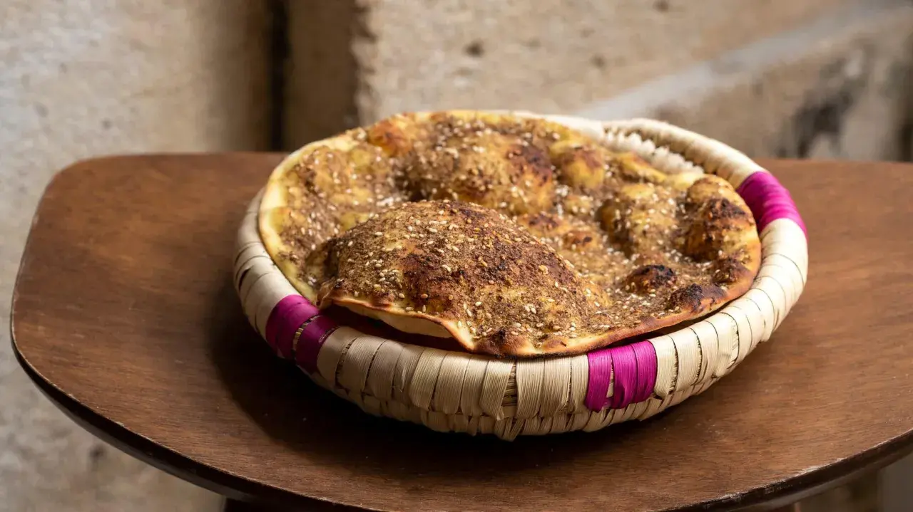 Manouche au zaatar, un délice croustillant aux épices, servi dans un panier tressé aux accents fuchsia.