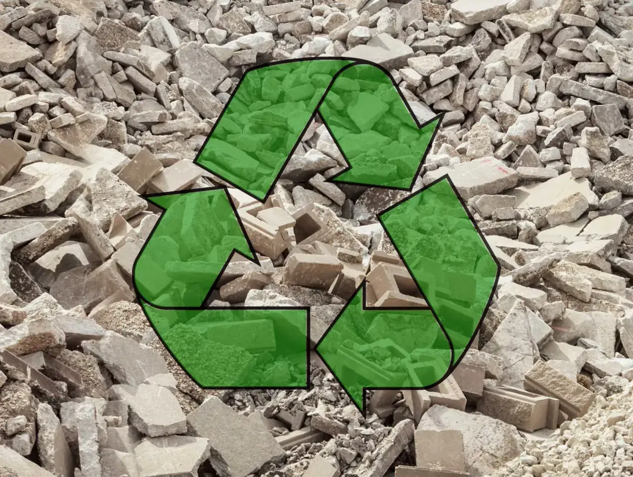 Símbolo de reciclaje verde sobre un montón de escombros de hormigón reciclado.