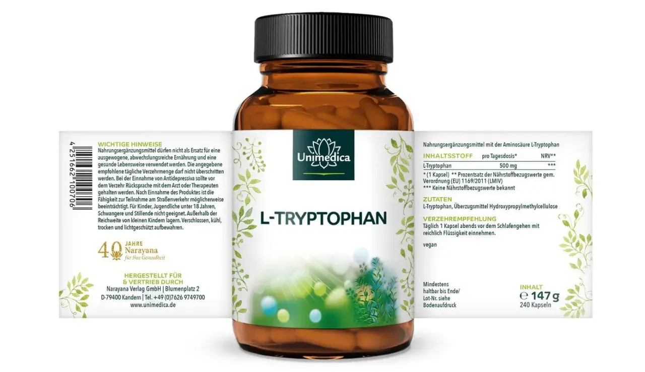 Flasche mit L-Tryptophan-Kapseln von Unimedica. Die Verzehrempfehlung lautet: Täglich 1 Kapsel abends vor dem Schlafengehen.